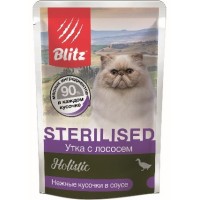 Blitz  Кусочки в соусе "Утка с лососем", корм консервированный полнорационный для стерилизованных кошек и кастрированных котов 85 гр
